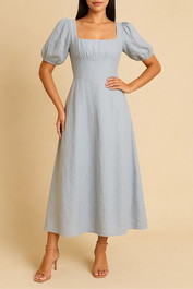 Dress Hire Brunch AERE	Bias Cut Linen Tea Dress Blue