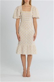 Ganni Check Shirred Midi Dress